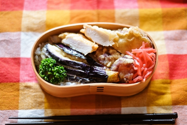 茄子やちくや、かしわの天ぷら弁当