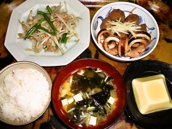 9/4の夕食　里芋とイカの煮物、モヤシ・ニンニクの芽・ツナの中華炒め物
