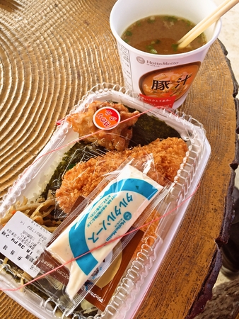公園にて特のりタル弁当と豚汁