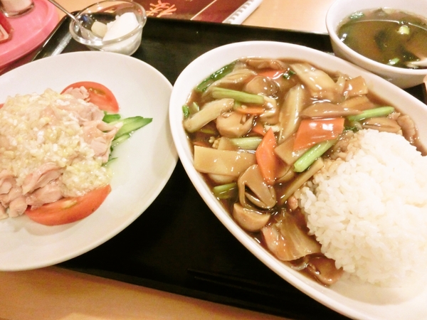 中華丼と蒸し鶏