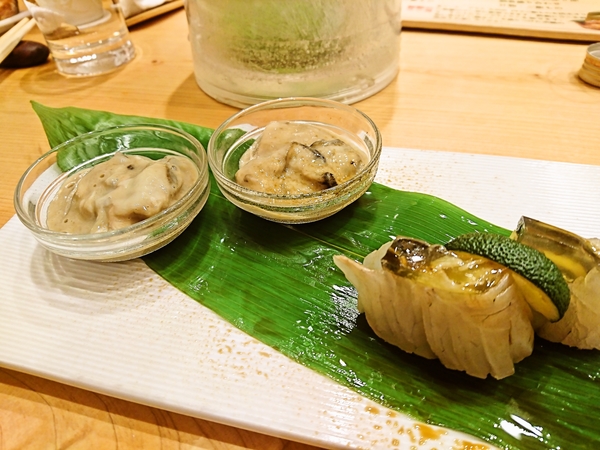 牡蠣の牡蠣漬け、ヒラメ皮の煮凝り
