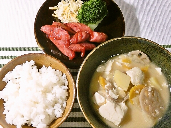 昨日の豚汁で一汁一菜昼ごはん