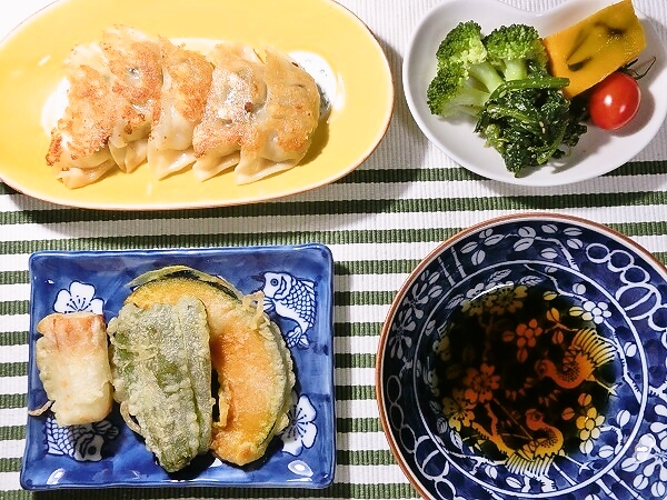 餃子と天ぷらの晩ごはん