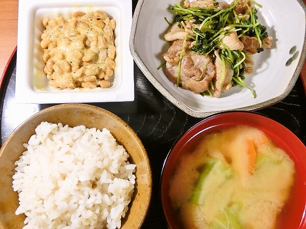 豆苗と豚こまの炒め物の晩ごはん