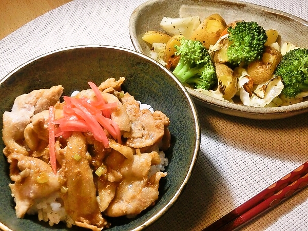 豚丼と野菜ソテーの晩ごはん