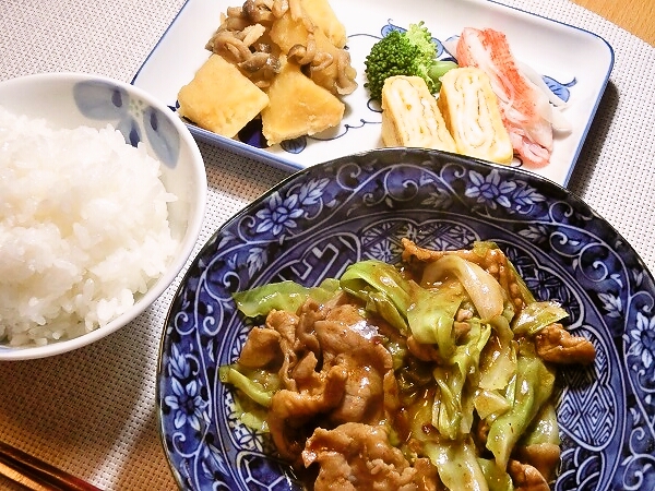 豚キャベツの黒照り焼きの晩ごはん