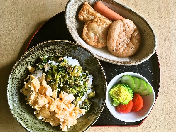 おでんと蕪の葉の2色丼の昼ご飯