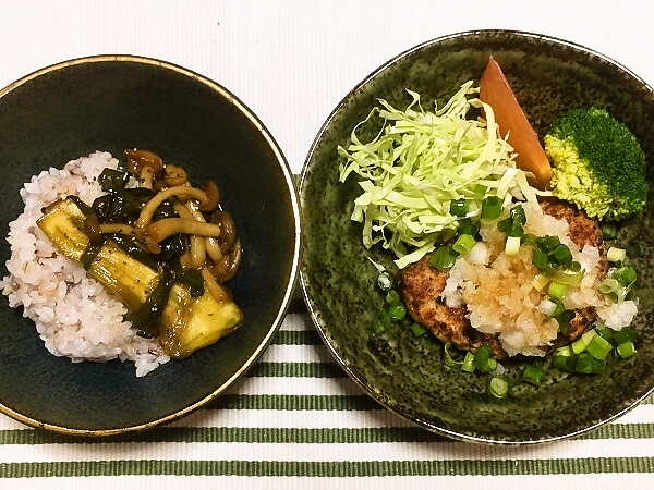 おろしハンバーグと茄子の照り焼き丼