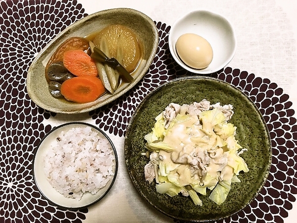 【晩ごはん】温しゃぶサラダ、煮物、味玉