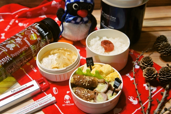 キャベツの豚肉巻き＆玉葱と油揚げのかき玉汁弁当de長男のランチ