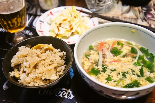 ワラビと筍の炊き込みご飯＆三つ葉入りかき玉汁