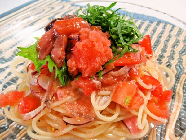 イカ明太とトマトの和風冷製パスタ