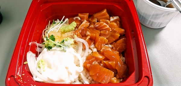 Rice topped with salmon sauce