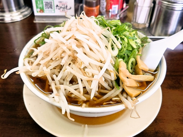 たかばしラーメン並の麺バリカタ、ねぎ＆もやしＷ